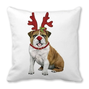 Detail des Weihnachts-Bulldoggen-Drucks auf Kissenbezug aus Pfirsichhautgewebe
