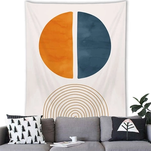 Nordic Morandi geometric wall tapestry with orange blue circle over a grey sofa