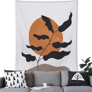 Detail of Morandi botanical tapestry with orange sun and black leaf silhouette decor