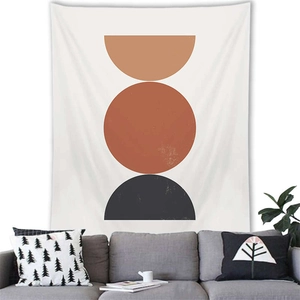 Minimalist Morandi geometric tapestry on a white wall above a modern grey sofa décor
