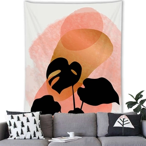 Detail of Nordic Morandi tapestry with black monstera leaf silhouettes and abstract pink shapes