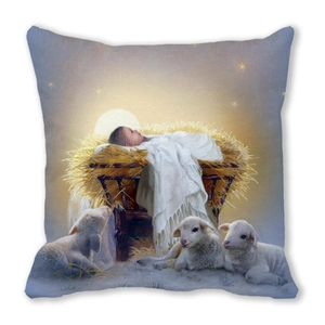 Close-up of the nativity scene illustration on soft peach skin fabric Christmas pillow