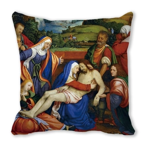 Square cushion with Renaissance oil painting of The Deposition on soft peach skin fabric