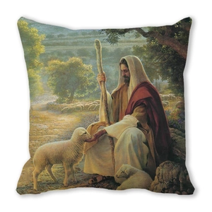 Detailed view of Merry Christmas throw pillow featuring Shepherd Jesus religious oil painting