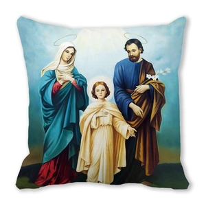 Close-up of Holy Family oil painting print on square peach skin Christmas cushion cover
