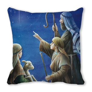Detailed religious illustration on square pillow cover featuring shepherds under the star