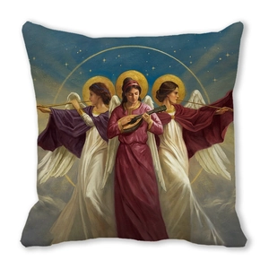 Detail of oil painting style angel musicians on Christmas decorative peach skin pillowcase