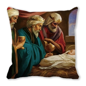 Detail of square pillowcase featuring vibrant religious Three Wise Men nativity art