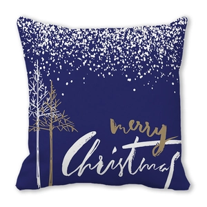 Detail of navy blue peach skin pillowcase with gold Christmas tree and Merry Christmas text