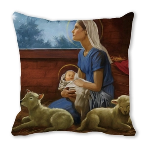 Detail of Nativity scene print on square peach skin pillowcase with Mary and baby Jesus
