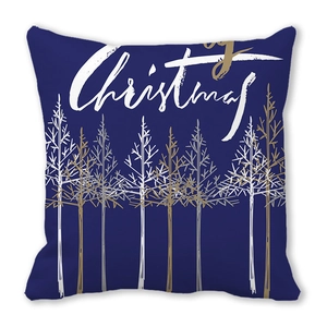 Detail of Christmas pillowcase in navy blue fabric with golden tree pattern