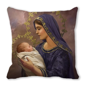 Detail of soft peach skin cushion cover featuring classic religious oil painting design