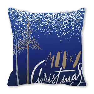 Detail of dark blue Merry Christmas pillowcase with gold tree prints and soft texture
