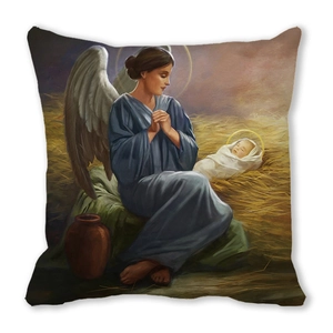 Detailed view of the Christmas cushion cover featuring a nativity oil painting print