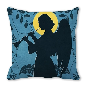 Detail of square pillowcase featuring vintage angel silhouette and dark blue floral patterns