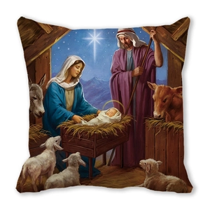 Detailed religious nativity scene illustration on square decorative pillowcase for Christmas