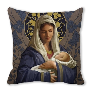 Close-up of peach skin fabric texture and religious oil painting print on pillow cover
