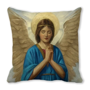 Detailed texture of peach skin fabric cushion featuring a classic praying angel art print