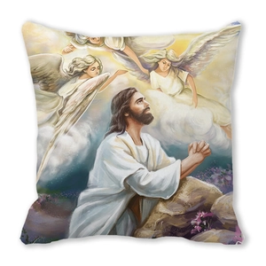 Merry Christmas religious throw pillow featuring Jesus and angels in oil painting style