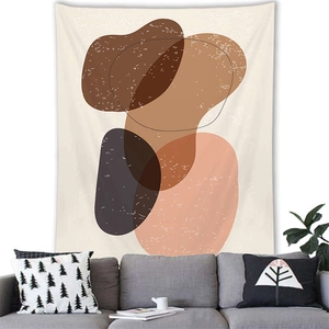 Nordic abstract geometric wall tapestry featuring Morandi earth tones over a modern sofa