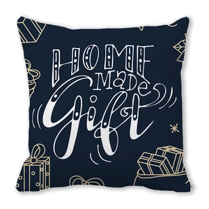 Merry Christmas square navy pillow case with white HOME MADE Gift lettering and gold snowflakes