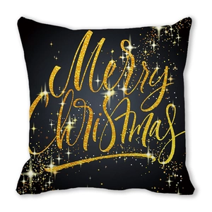 Merry Christmas throw pillow cover with golden glitter text on black peach skin fabric