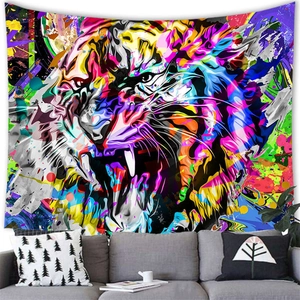Detail of colorful tiger tapestry showing the fabric texture and modern wall decor