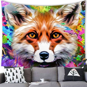 Artistic fox wall tapestry with vibrant colors hanging above a modern living room sofa
