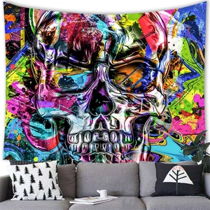 Close-up of vibrant floral skull tapestry hung as a decorative wall art piece
