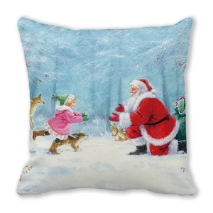 Close-up of Christmas gnome and girl illustration on a soft square decorative pillowcase