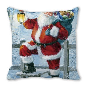 Christmas pillow cover with vintage Santa Claus print carrying gifts on peach skin fabric