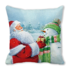 Detailed view of hand-painted Santa and snowman illustration on festive throw pillow case