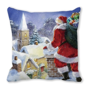 Detail of Christmas pillow cover featuring Santa Claus by a chimney with a gift bag