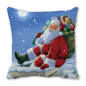 Close-up of Santa Claus on snowy roof print on peach skin fabric square pillow cover