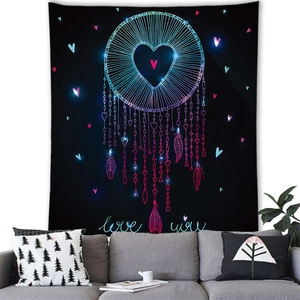 Neon dreamcatcher tapestry with love you text hanging over a modern grey sofa