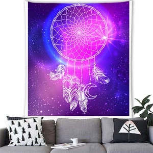 Dreamcatcher tapestry with feathers and moon over a purple starry galaxy background