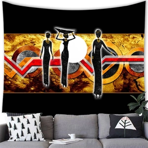Abstract African women wall tapestry with golden jewelry and geometric patterns in sunset tones