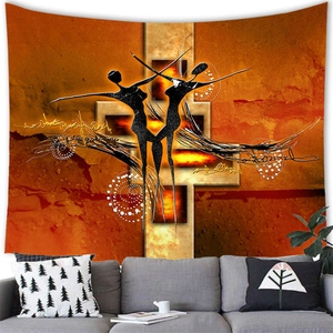 Detail of African woman abstract tapestry hanging above a grey sofa in a modern room
