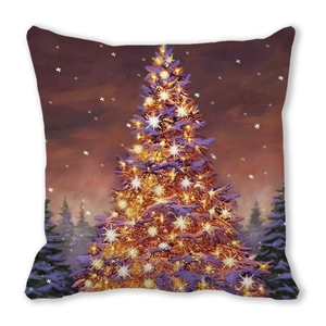 Merry Christmas square throw pillow cover featuring a glowing festive tree in snow
