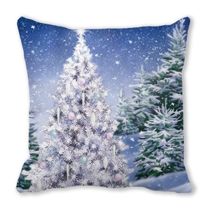 Merry Christmas square throw pillow featuring a white tree illustration on blue peach skin