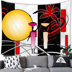 Détail d'une tapisserie d'art africain avec silhouette de palmier et grand soleil d'or