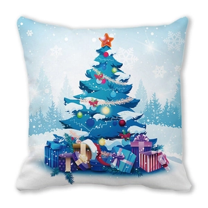 Detail of Christmas pillow cover with festive tree, gift boxes and snowflake pattern