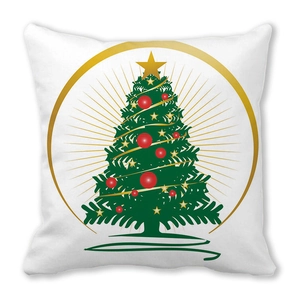 Detail of Christmas tree print on white peach skin pillowcase with gold star and ornaments