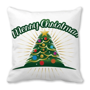 Detail of Christmas tree print on white peach skin fabric cushion with Merry Christmas text