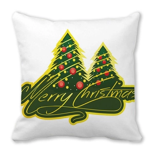 Detail of Christmas pillowcase with festive trees and Merry Christmas print