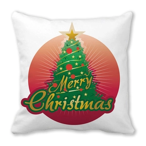 Detail of white square pillowcase with green Christmas tree and Merry Christmas text