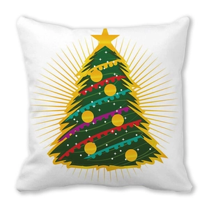 Close-up of white peach skin Christmas pillow with decorative green tree illustration