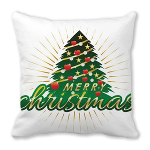 Detail of Merry Christmas pillowcase with festive tree and golden star on soft peach skin