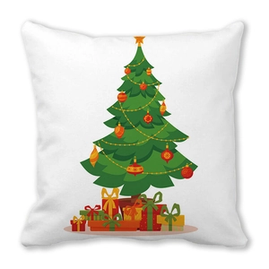 Detail of Christmas tree print on white peach skin pillowcase with gift boxes