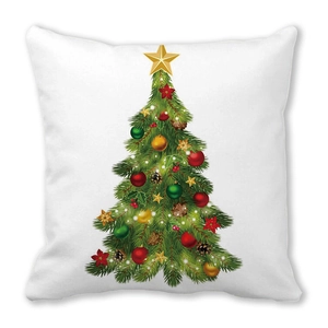 Detailed view of square Christmas pillow with a festive tree pattern on white fabric